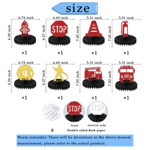 KEWUFD 8PCS Firetruck Honeycomb Centerpiece Birthday Table Decorations Funny Firetruck Birthday Party Decorations Baby Shower Birthday Party Table Decor For Kids Supplies