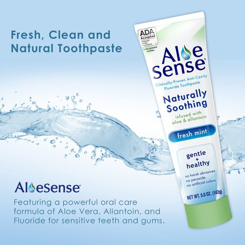 AloeSense Fluoride Toothpaste, Naturally Soothing Toothpaste Sensitive Teeth and Gum Care with Aloe Vera, Allantoin & Fresh Mint Flavor, Gentle & Natural Toothpaste, ADA Approved (5-oz, 3 Count)