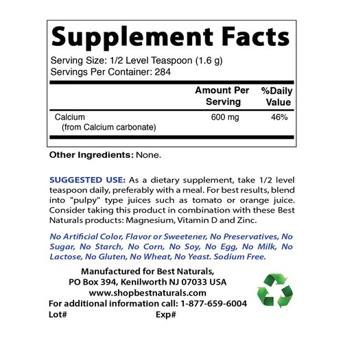 Best Naturals Calcium Carbonate Powder 1 Pound - Food Grade (16 OZ (Pack of 1))