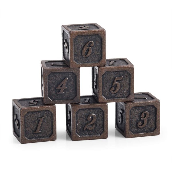 DNDND Ancient Copper D6 Metal Dice Set, Metal Dice 6 Sided Set of 6 Solid Metallic Dice with Free Black Velvet Bag for D&D Pathfinder Shadowrun or GURPs