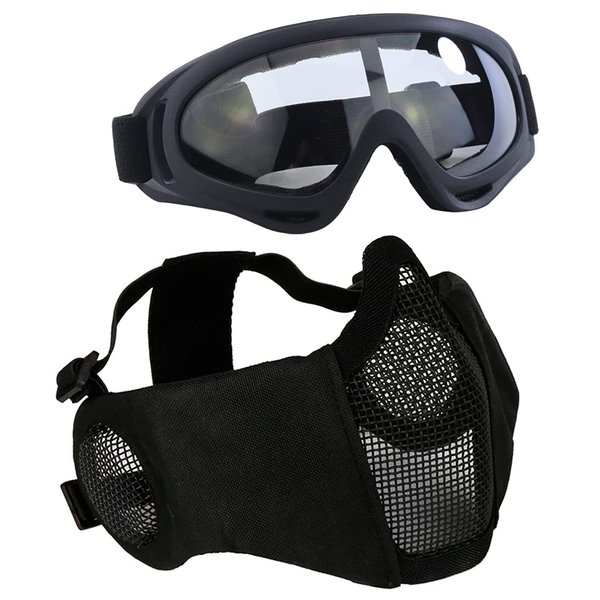 AOUTACC Airsoft Protective Gear Set, Half Face Mesh Mask with Ear Protection and Tactical Goggles for Adult Men Women BBS Paintball Shooting CS Survival Games Cosplay (Black)