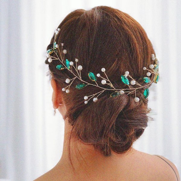 CASOLVX Bride Emerald Green Crystal Headband Wedding Pearl Hairpiece Rhinestone Gold Bride Head Rattan for Women Brides and Bridesmaids