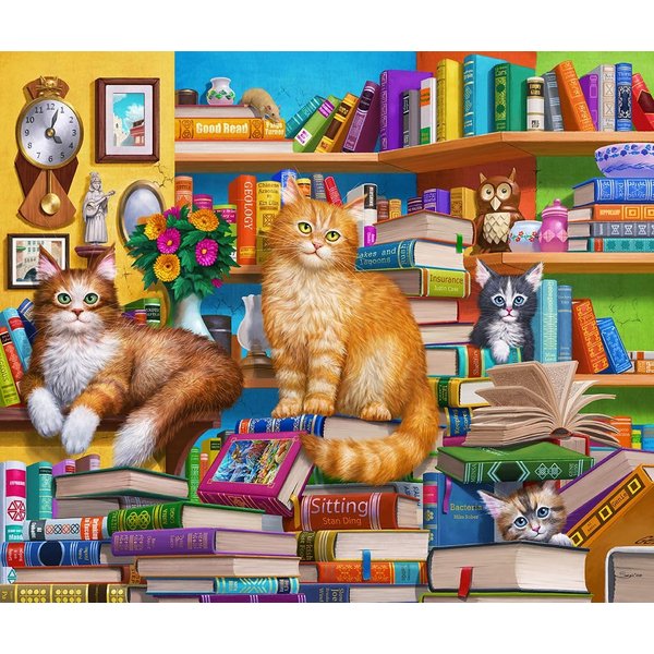 Springbok's Bookshop Cats 1000 Piece Puzzle for Adults Featuring Furry Felines Perched on The Bookshelf. Cat Lovers Will Enjoy This Masterpiece.