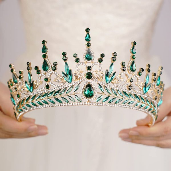 JWICOS Baroque Green Tiara Crown for Women Rhinestone Wedding Crowns and Tiara Crystal Princess Crown Tiara for Prom Pageant Birthday Party Valentines Costume (Green)
