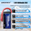 URGENEX 7.4V Lipo Battery 2S 35C 1800mAh Rechargeable RC Battery Pack with Deans T Plug Campatibal with Most 1/10, 1/16 Scale RC Cars Trucks and 7.4V 1to2 USB Lipo Battery Charger