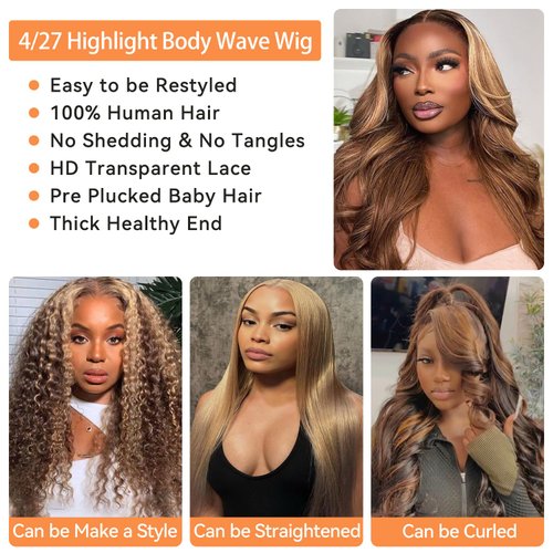 CANDEAS Honey Blonde Lace Front Wig Human Hair 4/27 Highlight Ombre Body Wave Lace Front Wigs Human Hair Pre Plucked 13X4 Hd Transparent Lace 180 Density 28 Inch