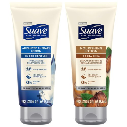 Suave Lotion Variety Pack – Advanced Therapy Hydro Complex & Nourishing Lotion Cocoa Shea, Moisture-Rich Body Lotion for Extremely Dry Skin, 3 Oz Ea (2 Piece Set)