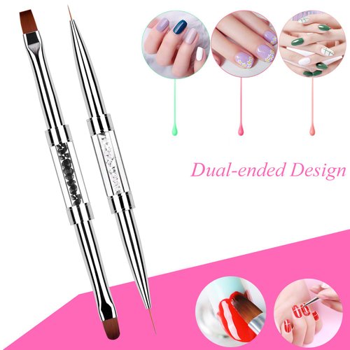 Ycyan 2Pcs Dual-ended Nail Design Brushes Rhinestone Handle UV Gel Nail Brush Set Professional Nail Art Tools