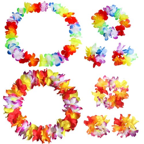 Hawaiian Leis Luau Tropical Headband Flower Crown Wreath Headpiece Wristbands Women Thicker Necklace Bracelets Hair Band For Summer Beach Vacation Pool Party Decorations Favors Supplies Set Color