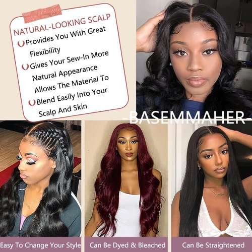 BASEMMAHER Long Lace Front Wigs Human Hair Wavy Wig for Women Middle Part Body Wave Lace Front Wigs Transparent Natural Black Lace Frontal Wigs for Girls Party Daily Use (24'' Black)