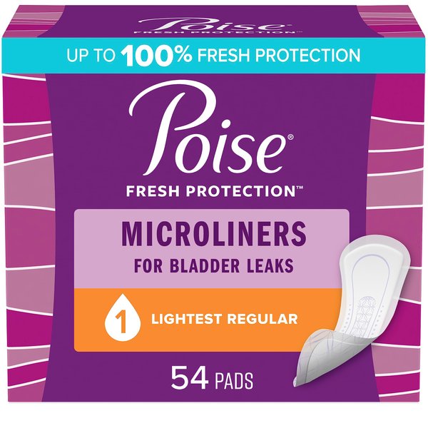 Poise Daily Microliners, Incontinence Panty Liners, 1 Drop Lightest Absorbency, Regular, 54 Count of Pantiliners, Packaging May Vary