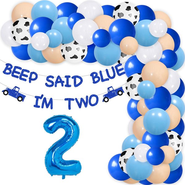 THREE REX 74Pcs Little Blue Truck 2nd Birthday Party Decoration, Little Blue Truck Birthday Party Supplies with Beep Said Blue I'm Two Glitter Banner and Blue White Latex Balloon Arch for Baby Shower