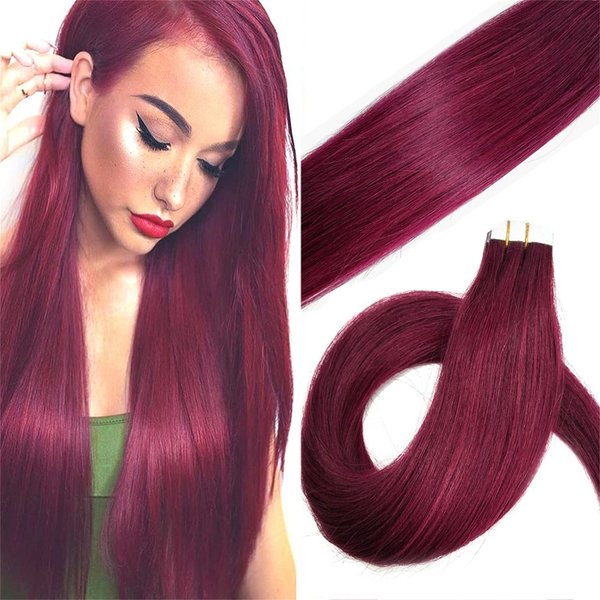 Yotty Hair Extensions Tape in Seamless Skin Weft Remy Human Hair (16Inch 10Pcs, Burgundy)