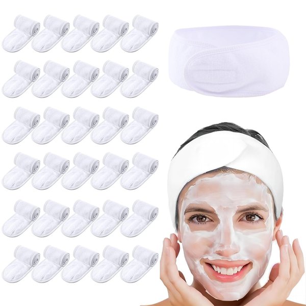 JACYUIG 30 Pack Spa Headband Bulk Spa Facial Headband Adjustable Skincare Headband with Non Slip Tape for Washing Face Makeup Shower Sport Facial Mask Yoga,White
