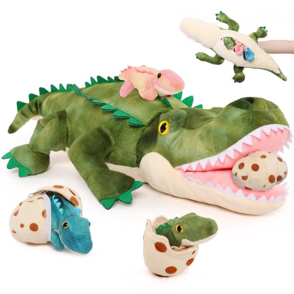 Karister Alligator Stuffed Animal 23.6",Mommy Crocodile Plush Toy with 3 Baby Alligator,Stuffed Alligator Plush Gift,Stuffed Crocodile for Kids on Birthday,Christmas or Baby Shower