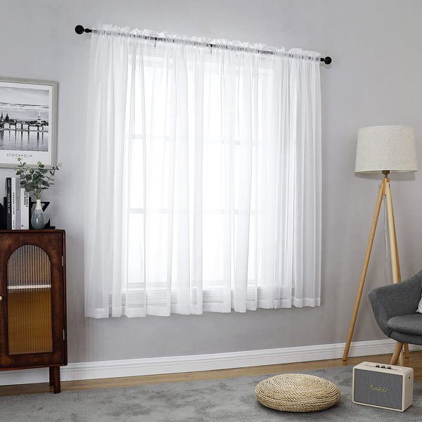 Chyhomenyc White Sheer Curtains 54 Inch Long 2 Panels, Short Voile Drapes for Kitchen Dinning Small Windows Bathroom Living Room Bedroom, Rod Pocket, 42Wx54L Inches, Total 84 Inches Width
