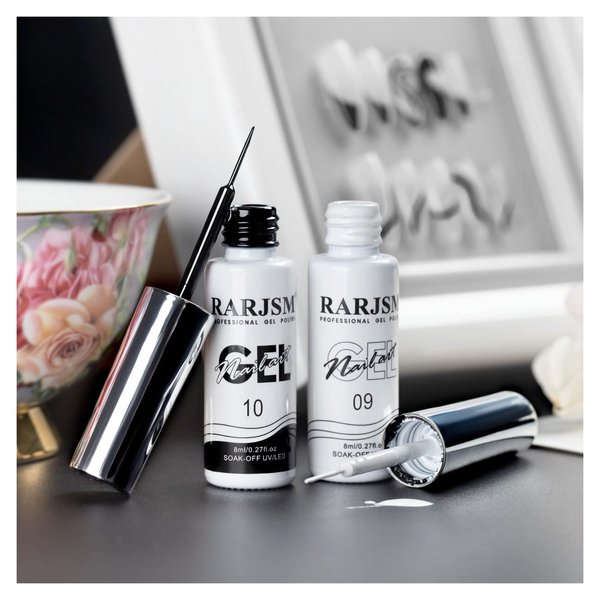 RARJSM Nail Art Gel,Liner Gel Polish,Black White Nail Design Polish Painted Gel Nail Polish Set 2Pcs Soak off Curing Requires 8ml Build in Thin Brush for Home Salon Diy Nail French Manicure Painting