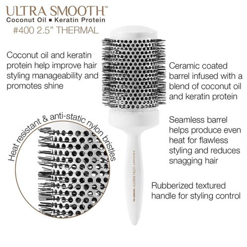 Cricket Ultra Smooth Coconut 2.5” Thermal Ceramic Barrel Hair Brush Anti-Static Heat-Resistant Hairbrush for Blow Drying, Curling and Styling All Hair Types