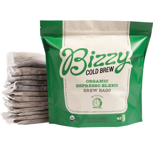 Bizzy Organic Cold Brew Coffee | Espresso Blend | Coarse Ground Coffee | Medium-Dark Roast | Micro Sifted | Specialty Grade | 100% Arabica | Brew Bags | 12 Count | Makes 42 Cups