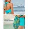MiYang Women Tankini Swimdress with Boyshorts Two Piece V Neck Bowknot Halter Bathing Suit Dress Green Flower