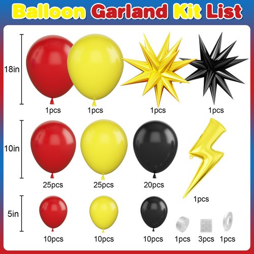 Red Black Yellow Balloons Arch Garland Kit, Cartoon Birthday Party Balloons with Flash Lightning Starburst Mylar Balloons for Cartoon Ball Theme Birthday Baby Shower Party Decor