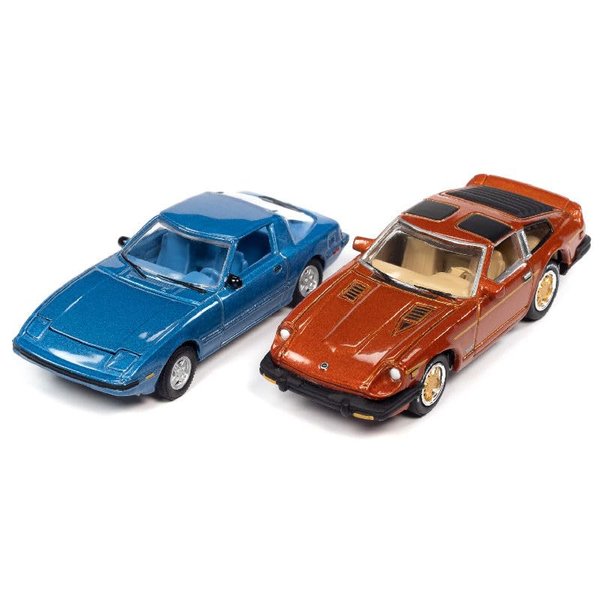 1982 RX-7 Blue Metallic and 1981 Datsun 280ZX Orange Mist Metallic Import Heat Set of 2 Cars 1/64 Diecast Model Cars by Johnny Lightning JLPK014-JLSP169B
