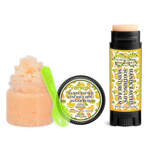 Citrus Blossom Soothing & Luscious Lips by OverSoyed Exfoliator & Chapped Lip Repair Lip Care Combo | Artisan Handcrafted to Order Citrus Lemon Mandarin Floral Jasmine Vanilla Flavored Exfoliating Sugar Lip Scrub & Lip Moisturizer Balm Gift Set