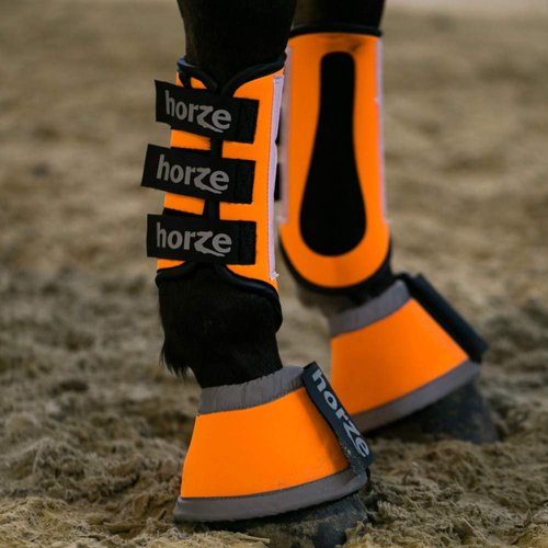 HORZE High-Visibility Reflective Neoprene Horse Bell Boots for Nighttime Horseback Riding - Orange - M