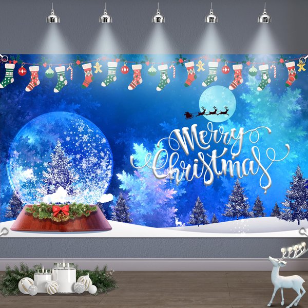KJQJLY Merry Christmas Banner Christmas Banner Blue Christmas Banner Party Decorations Supplies, Xmas Holiday Happy New Year Sign Poster Background Decor 72X44 Inch