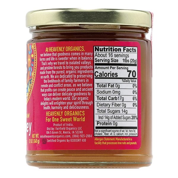 Heavenly Organics 100% Organic Raw Acacia Honey (12oz) Lightly Filtered - Made from Wild Beehives & Free Range Bees; Dairy, Nut, & Gluten Free, Kosher