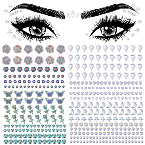 Andibro 5Sheets Self Adhesive Face Gems, Face Rhinestones Stickers Self Adhesive Rhinestone Gem Stickers for Face Nail Body Makeup Festival