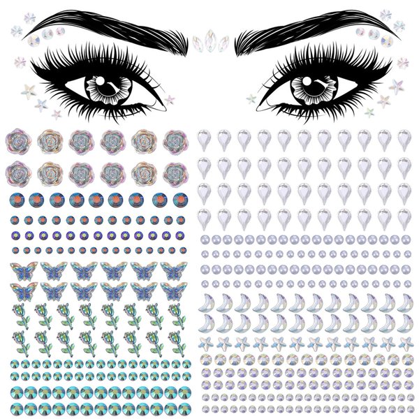 Andibro 5Sheets Self Adhesive Face Gems, Face Rhinestones Stickers Self Adhesive Rhinestone Gem Stickers for Face Nail Body Makeup Festival