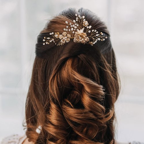 AW BRIDAL Bridal Hair Comb Pearl Flower Wedding Hair Pieces for Bride Hair Accessories Wedding Hair Comb Clips (Gold)