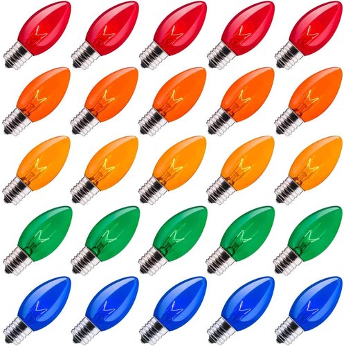 C9 Opaque Replacement Christmas Lights Bulbs Vintage Incandescent Red Green Blue White Orange Glass for Xmas String Lights Outdoor Indoor Holiday Decorations (E17 Base, 25 Count Multicolored)