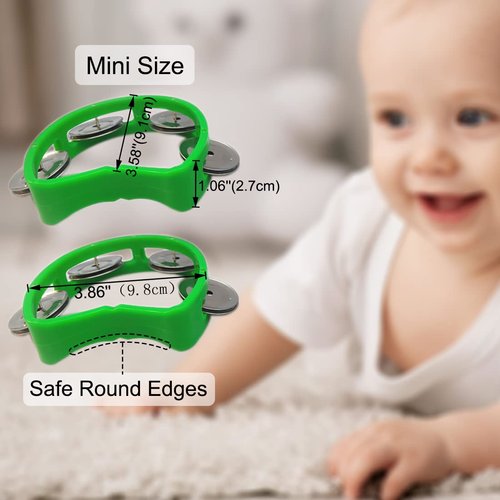 Bealuffe Tambourine Mini Hand Bell Percussion Musical Instrument Small Tambourine (Green 2 Pack)