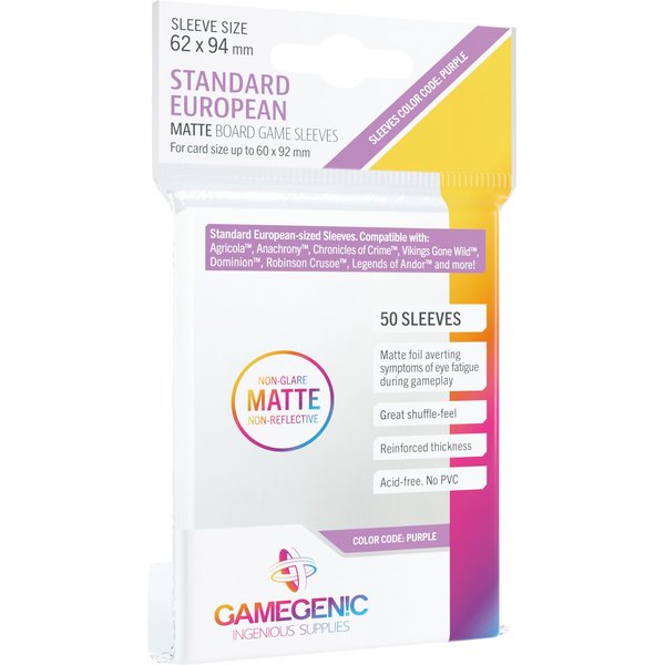 Matte Board Game Sleeves | Pack of 50 Matte Sleeves | 62 by 94 mm Card Sleeves Optimized for Standard European Card Games | Premium Card Protection | FFG Purple Color Code | Made by Gamegenic