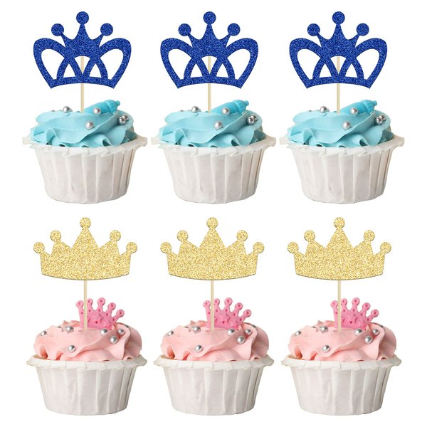 24Pcs Crown Cupcake Toppers Prince and Princes Blue Gold Glitter Royal Crown Cupcake Picks King Queen Crown Cupcake Decors for Prince Crown Theme Baby Shower Party Decoration Supplies