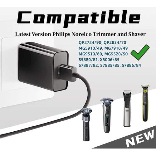 Qjin USB-A Charging Cable with Power Adapter for Latest Version Philips Norelco QP2724/90, QP2834/70, S7887/82, S5880/81, MG9520/50, MG7910/49, MG5910/49 Electric Trimmer and Shaver