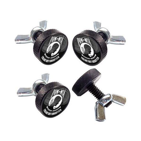 Tricktoppers 4 Black Anodized Knurled Billet Aluminum Motorcycle License Plate Frame Fastener Tag Bolts - Pow Mia Military Veteran White On Black
