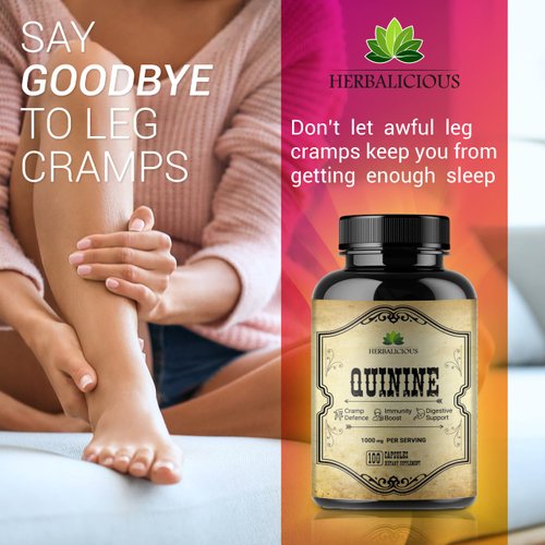 HERBALICIOUS Quinine Capsules - Cinchona Officinalis Bark Herbal Supplement for Muscle, Cramp Defense and Overall Digestive Health - All-Natural Quinine Sulfate Pills, 500mg per Capsule, 100 Tablets