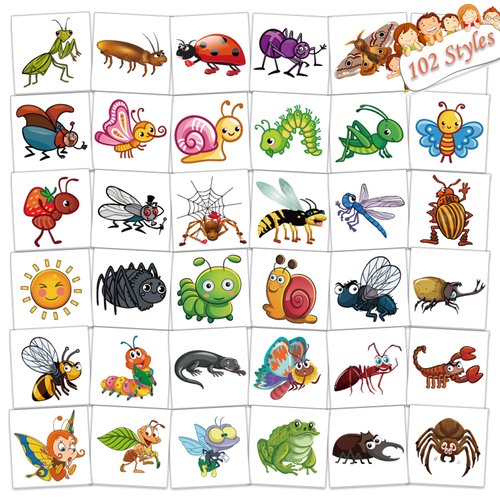 UVUXO 102 PCS Individually Wrapped Bug Temporary Tattoo for kids - Insect Temporary for Girls Boy Body Arm Shoulder Cute Tattoos Stickers, Birthday Party Supplies Gifts for Kids