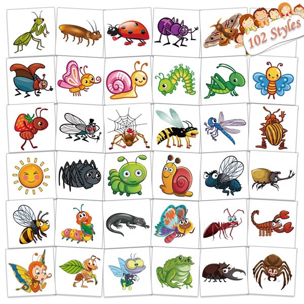 UVUXO 102 PCS Individually Wrapped Bug Temporary Tattoo for kids - Insect Temporary for Girls Boy Body Arm Shoulder Cute Tattoos Stickers, Birthday Party Supplies Gifts for Kids