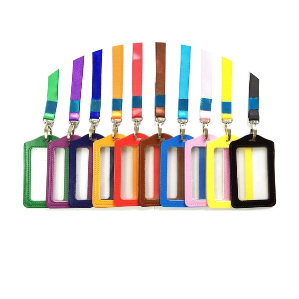 YTYKINOY 10 Pieces Vertical Style Faux Leather Business Id Credit Card Badge Holder Clear Pouch Case with Long Neck Strap Band Lanyard (33.5 Inch Full Round Length) (10 Color)