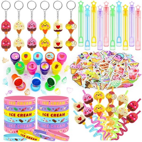 BOIKOKY 110 PCS Ice Cream Party Favors Set - Fun and Colorful Party Supplies for Kids, Includes Drinking Straws, Wristbands, Macaron Bubble Wands, Stamps, Keychains, and Stickers