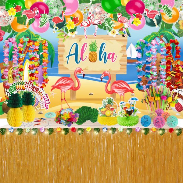 Hawaiian Luau Party Decorations, Tropical Beach Themed Aloha Summer Party Supplies Kit, Including Table Skirt,Backdrop,Balloons,Leis,Straws,Hibiscus Flowers,Palm Leaves,Food Topper,Pineapples,Banner)