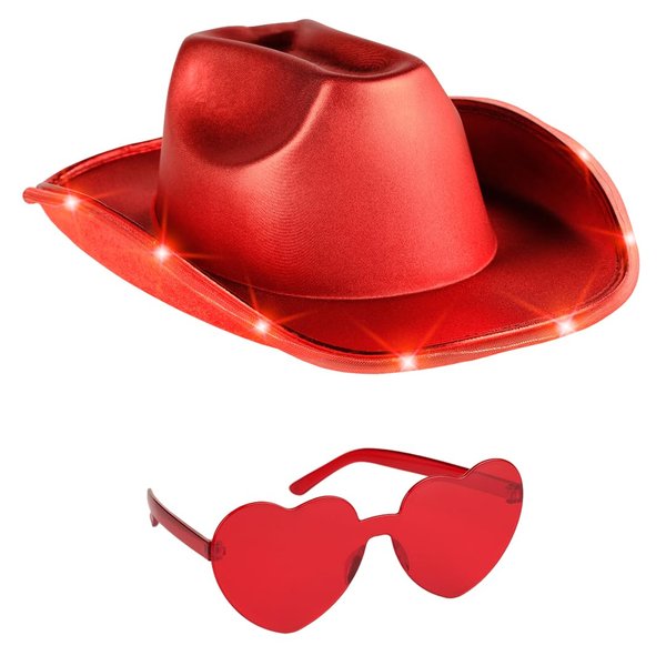 Funcredible Red Light Up Cowboy Hat and Glasses - Holographic Led Cowboy Hat for Women - Cowgirl Costume Accessories - Space Cowgirl Hat