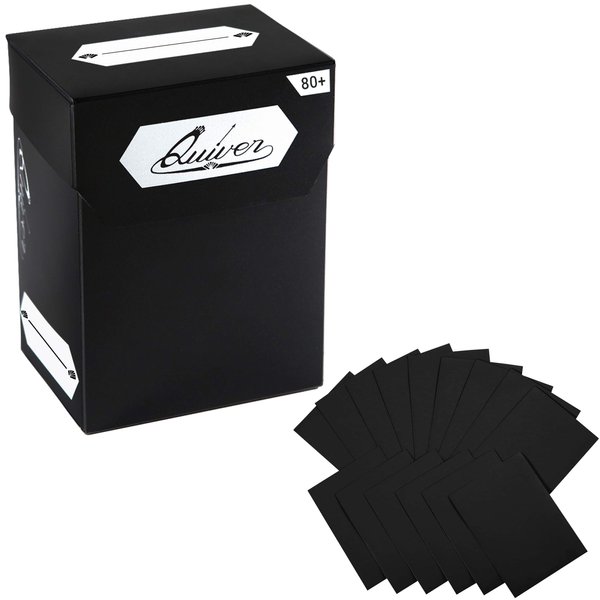 Quiver Time Black Trading Card Deck Box and Sleeves Bundle - 80+ Quiver Deck Block with 2 Dividers (Commander MTG Deck Box MTG) + 100 Artemis Black Card Sleeves with Black Interior (66 x 93 mm)