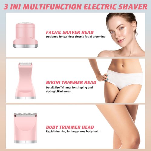 WUFAYHD Facial Hair Removal for Women, 3 in 1 Waterproof Bikini Trimmer/Shaver, Electric Razors for Women, Rechargeable Pubic Hair Timmer, Smooth Shaving for Ladies Face, Body, Legs, Private Areas