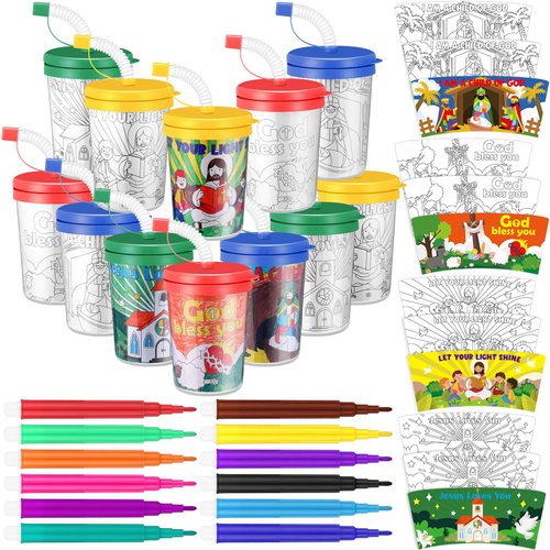 Funnymoom 12 Pcs Christian Bible Coloring Cups with Watercolor Pen Christmas Color Your Own Cups Christian Religious Coloring Crafts for Sunday School Bible Church Activities Christmas Party Favors