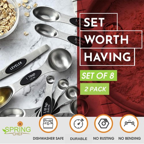 Spring Chef Stainless Steel Magnetic Measuring Spoons Set of 8 with Leveler, Dual Sided Metal Teaspoon & Tablespoon Measuring Spoons, Nesting Kitchen Gadgets for Baking & Cooking - 2 Pack - Black